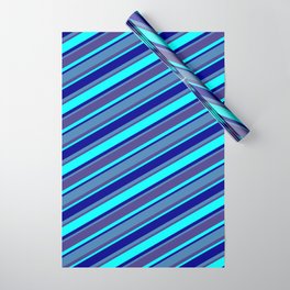 [ Thumbnail: Blue, Dark Slate Blue, Aqua, and Dark Blue Colored Lined/Striped Pattern Wrapping Paper ]