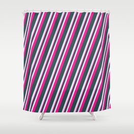 [ Thumbnail: Dark Slate Gray, Lavender & Deep Pink Colored Lines/Stripes Pattern Shower Curtain ]