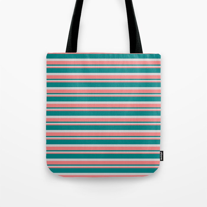 Light Coral, Teal, and Light Grey Colored Lined/Striped Pattern Tote Bag