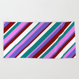 [ Thumbnail: Vibrant Teal, Violet, Slate Blue, Maroon & White Colored Pattern of Stripes Beach Towel ]