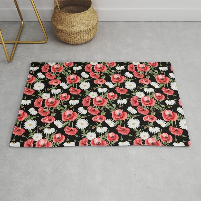 Daisy and Poppy Seamless Pattern on Black Background Rug