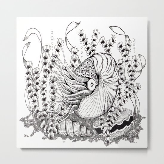 Zentangle Nautilus in the Ocean Illustration Metal Print
