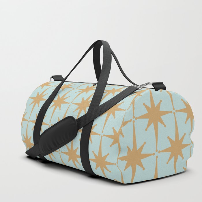 Mid Century Modern Starbursts - Atomic Age Pattern in Muted Gold and Pale Ice Blue Duffle Bag