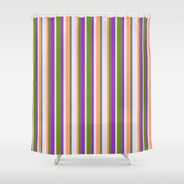 [ Thumbnail: Green, Light Salmon, Lavender & Dark Orchid Colored Stripes Pattern Shower Curtain ]