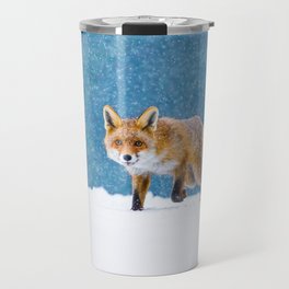 Fox in winter. Red fox, Vulpes vulpes, sniffs about prey on forest meadow in snowfall. Orange fur coat animal hunting in snow. Fox in winter nature. Wildlife scene. Habitat Europe, Asia, North America Travel Mug