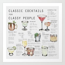 CLASSIC COCKTAILS FOR CLASSY PEOPLE Art Print | Illustration, Food, Mixed Media, Cocktails, Recipe, Collage, Drinks, Curated 