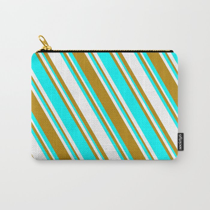 White, Dark Goldenrod, and Aqua Colored Striped Pattern Carry-All Pouch