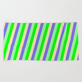 [ Thumbnail: Lime, Pale Goldenrod, Medium Slate Blue, and Green Colored Lined/Striped Pattern Beach Towel ]
