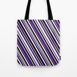 [ Thumbnail: Dark Grey, Indigo, Mint Cream & Black Colored Pattern of Stripes Tote Bag ]