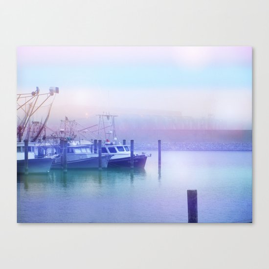 Moored Boats In the Early Morning Fog Canvas Print