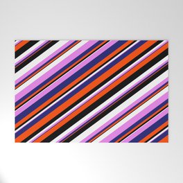 [ Thumbnail: Eyecatching Violet, Midnight Blue, Red, Black & White Colored Lines/Stripes Pattern Welcome Mat ]