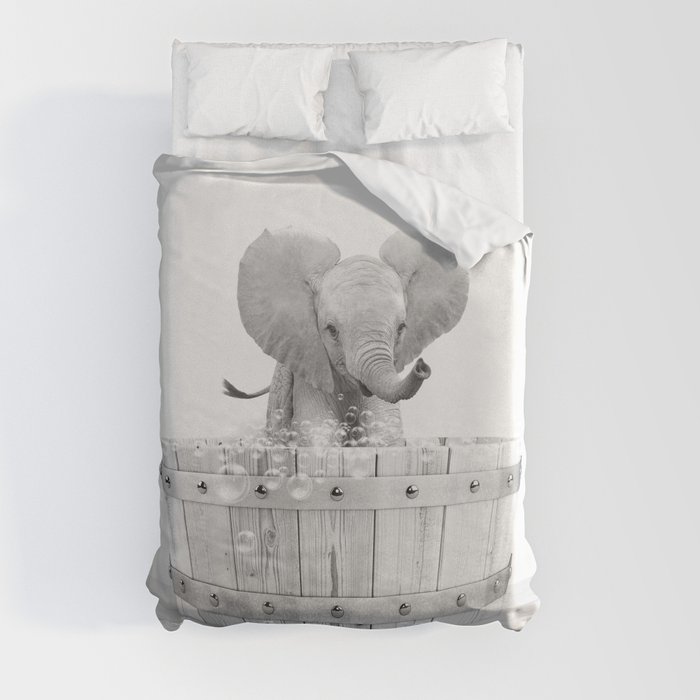 Baby Elephant in a Wooden Bathtub, Black and White, Bathtub Animal Art Print By Synplus Duvet Cover