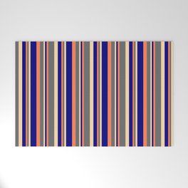 [ Thumbnail: Coral, Dim Gray, Tan & Blue Colored Pattern of Stripes Welcome Mat ]