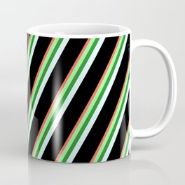 [ Thumbnail: Red, Green, Forest Green, Light Cyan, and Black Colored Stripes/Lines Pattern Coffee Mug ]