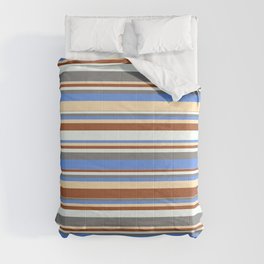 [ Thumbnail: Colorful Sienna, Mint Cream, Gray, Cornflower Blue & Beige Colored Striped Pattern Comforter ]