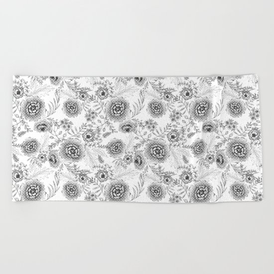Black and white watercolor floral pattern with polka dots . Beach Towel