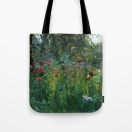 Red, blue, white & purple poppy blossom fields floral landscape painting by Herbert Arnould Oliver Tote Bag