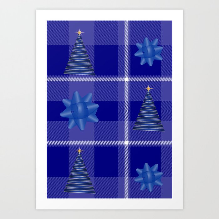 Navy Blue Christmas Trees and Bows on Plaid Art Print