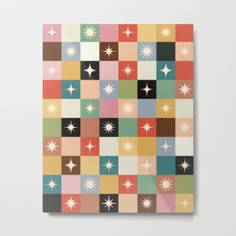 Retro Festive Sparkle Checker  Metal Print | Checker, 60S, Stars, Digital, Sparkle, Pattern, Red, 70S, Graphicdesign, Festive Decor 