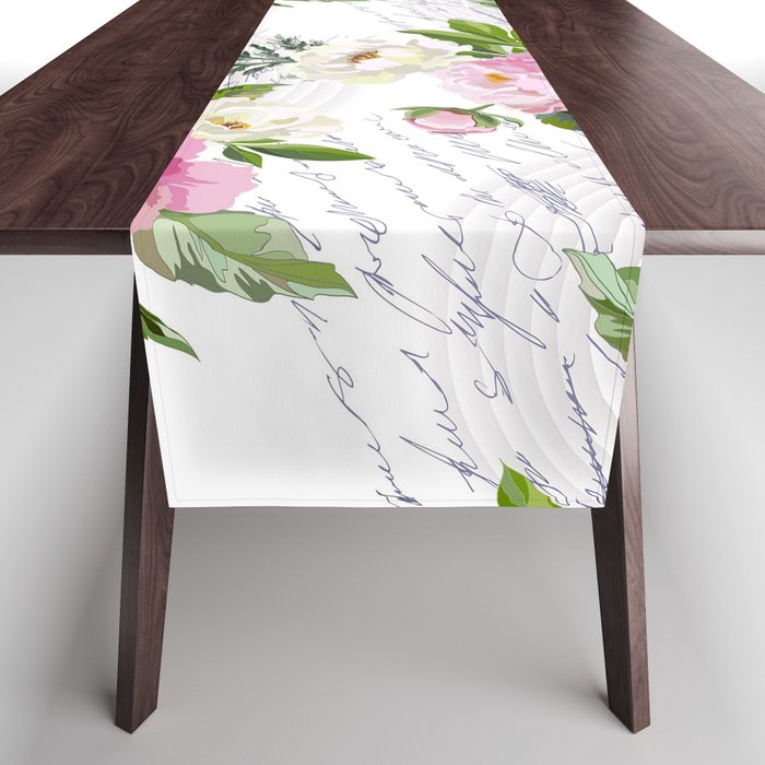 Vintage Trendy Pink And White Peonies Letter Collection Table Runner