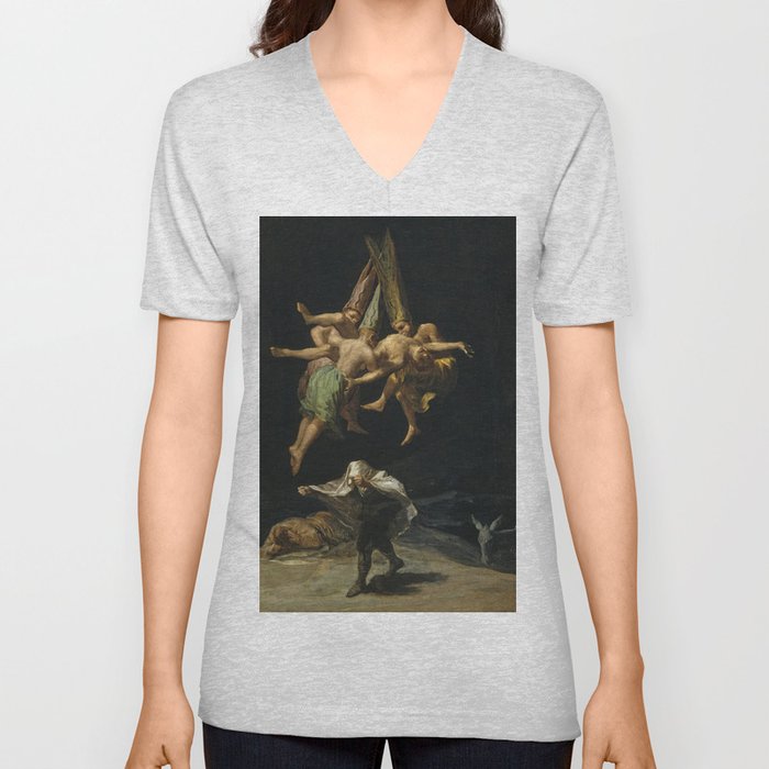 The witches' flight gothic horror surrealism portrait painting by Francisco Goya V Neck T Shirt