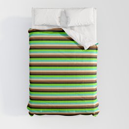 [ Thumbnail: Colorful Turquoise, Tan, Brown, Black, and Green Colored Stripes Pattern Comforter ]