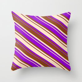 [ Thumbnail: Dark Violet, Brown & Bisque Colored Striped Pattern Throw Pillow ]