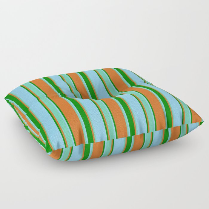 Chocolate, Aquamarine, Sky Blue & Green Colored Stripes Pattern Floor Pillow