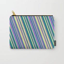[ Thumbnail: Teal, Purple, and Tan Colored Lines Pattern Carry-All Pouch ]