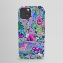 Watercolor Dinosaur Camping Kids Pink Purple iPhone Case