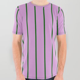 [ Thumbnail: Dark Green & Plum Colored Striped/Lined Pattern All Over Graphic Tee ]