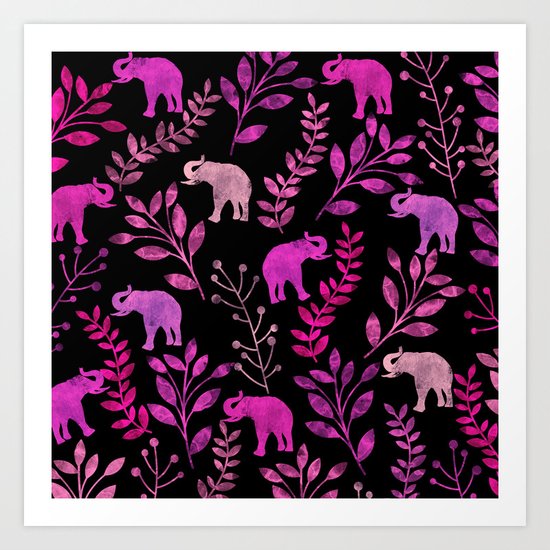 Watercolor Flowers & Elephants III Art Print