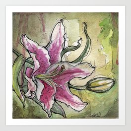 Stargazer Lily - Tiger Lily - Watercolor Flower Painting floral pink green  Art Print