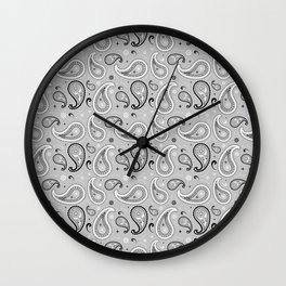 Black and White Paisley Pattern on Dark Light Grey Background Wall Clock