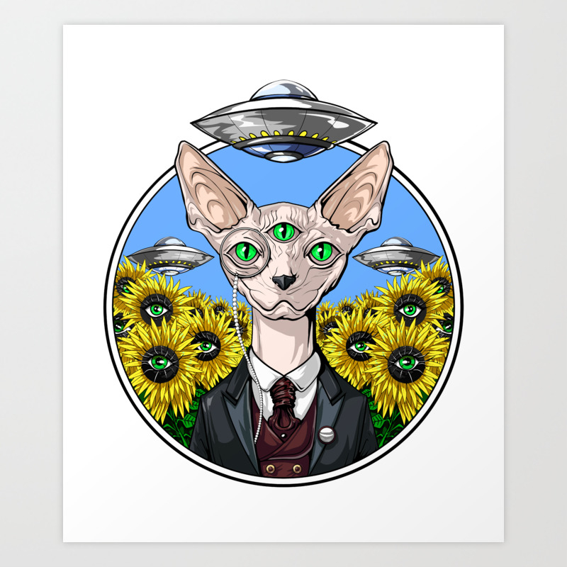 psychedelic sphynx cat alien abduction art print by teecave