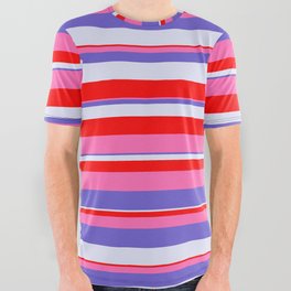 [ Thumbnail: Slate Blue, Lavender, Red & Hot Pink Colored Stripes/Lines Pattern All Over Graphic Tee ]