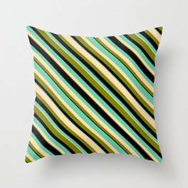 [ Thumbnail: Aquamarine, Tan, Green, and Black Colored Striped Pattern Throw Pillow ]