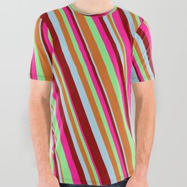 [ Thumbnail: Eye-catching Deep Pink, Light Green, Chocolate, Light Blue & Dark Red Colored Lines/Stripes Pattern All Over Graphic Tee ]