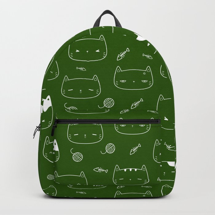 Green and White Doodle Kitten Faces Pattern Backpack