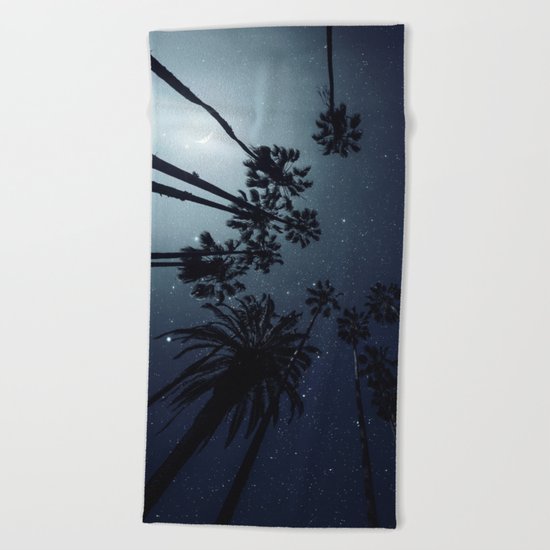Palm Trees, Night Sky, Stars, Moon Beach Towel