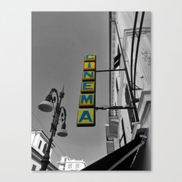 Yellow Cinema Sign in Bordighera Black and White Photography Canvas Print