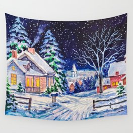 Snowy winter landscape. Country House. Christmas holidays. Forest with pine trees. Watercolor painting.  Wall Tapestry