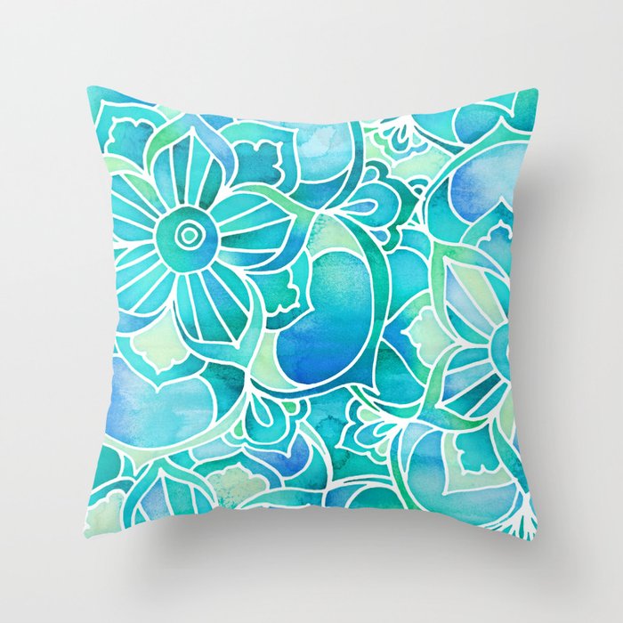 Aqua & Emerald - blue, turquoise & mint green floral design Throw Pillow