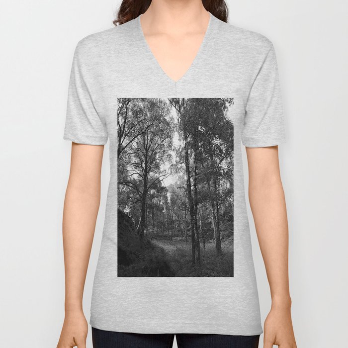  Scottish Highlands Spring Birch Woodland in Black and White V Neck T Shirt