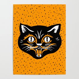 Vintage Type Halloween Black Cat Face Stars Orange Poster
