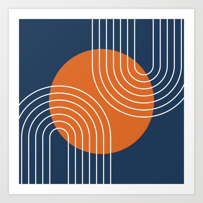 Mid Century Modern Geometric 161 Sun Rainbow abstract in Navy Blue Orange Art Print