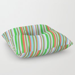 [ Thumbnail: Red, Sky Blue, Mint Cream, and Lime Green Colored Pattern of Stripes Floor Pillow ]