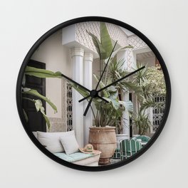 Moroccan Riad In Marrakech Photo | Arabic Interior Design Art Print | Green Tropical Travel Photography Wall Clock