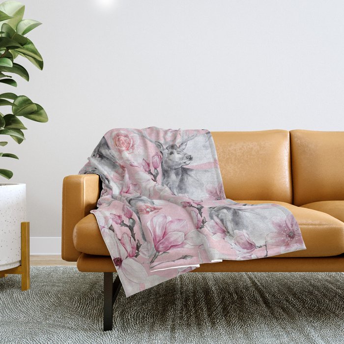 Pink Flower Deer Pattern Throw Blanket