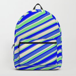 [ Thumbnail: Light Green, Blue, Royal Blue & Beige Colored Striped/Lined Pattern Backpack ]
